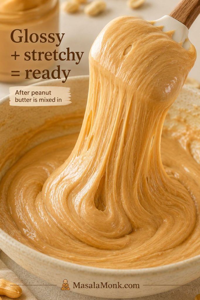 Glossy marshmallow peanut butter base stretching from a spatula before cereal is added.