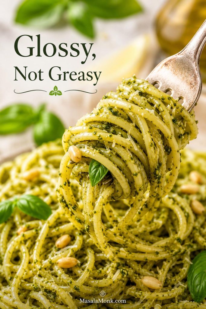 Close-up of pesto pasta lifted with tongs, showing green sauce clinging to the noodles without oil pooling