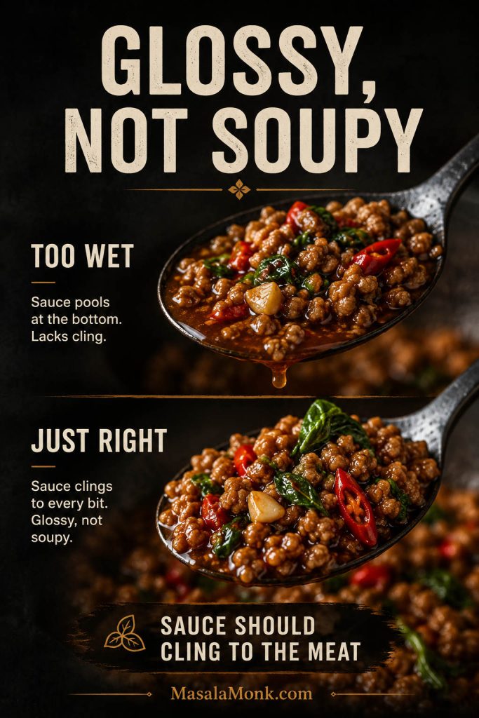 Texture comparison board showing too wet Pad Kra Pao versus just-right glossy meat with basil and chilies.