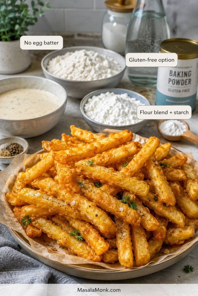 Gluten-free and no-egg battered fries with flour blend, starch, baking powder, sparkling water, and finished fries.