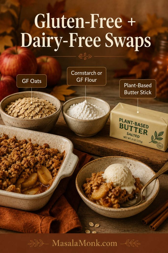 Gluten-free and dairy-free apple crisp swaps with oats, cornstarch or gluten-free flour, plant-based butter, apples, and a finished serving.