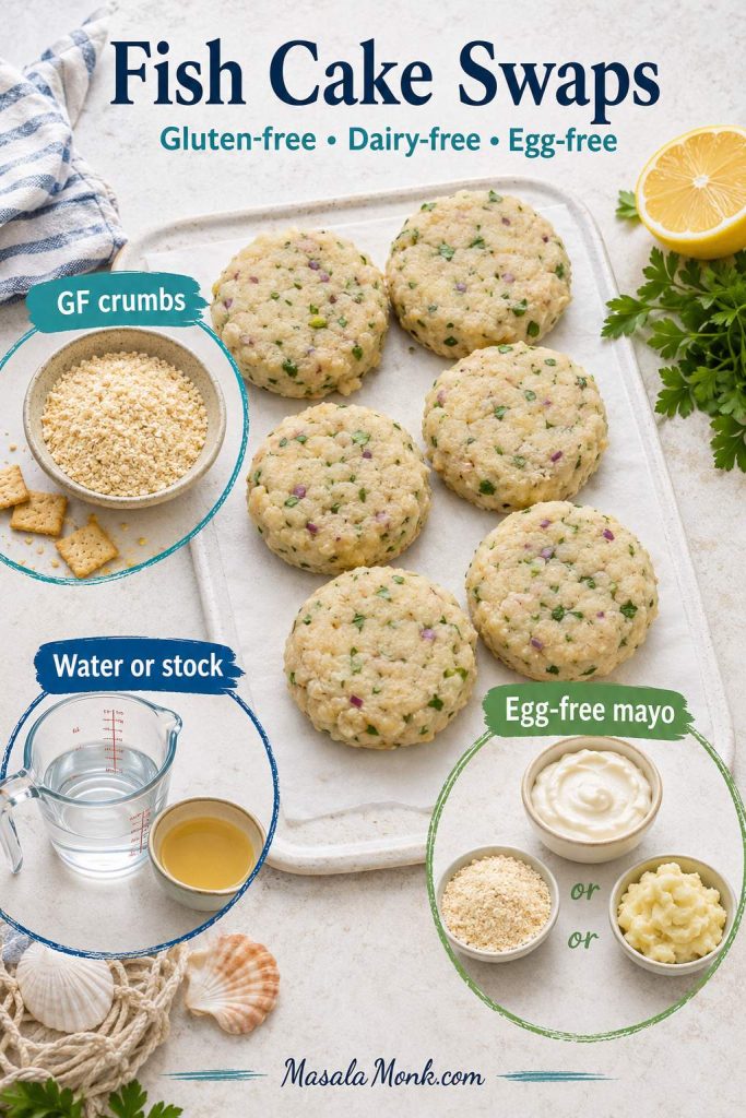 Fish cake swap guide showing gluten-free crumbs, water or stock, egg-free mayo, extra breadcrumbs, mashed potato, and shaped patties