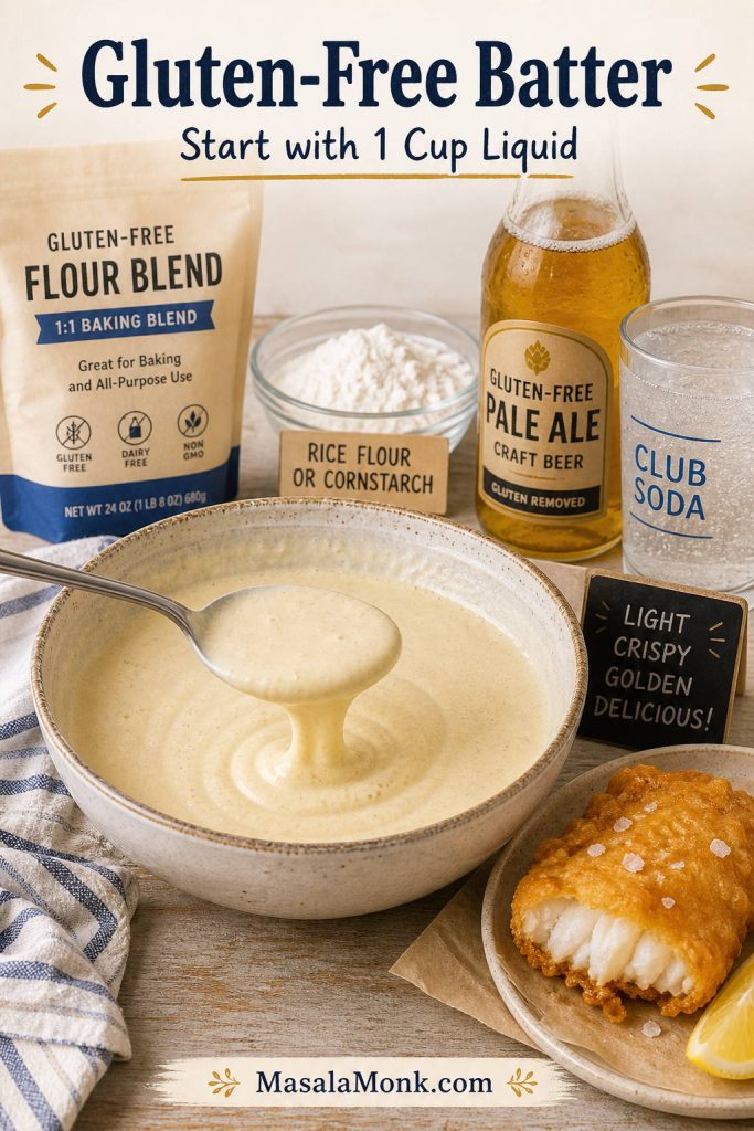 Gluten-free fish and chips batter setup with flour blend, rice flour or cornstarch, liquid, and fried fish.