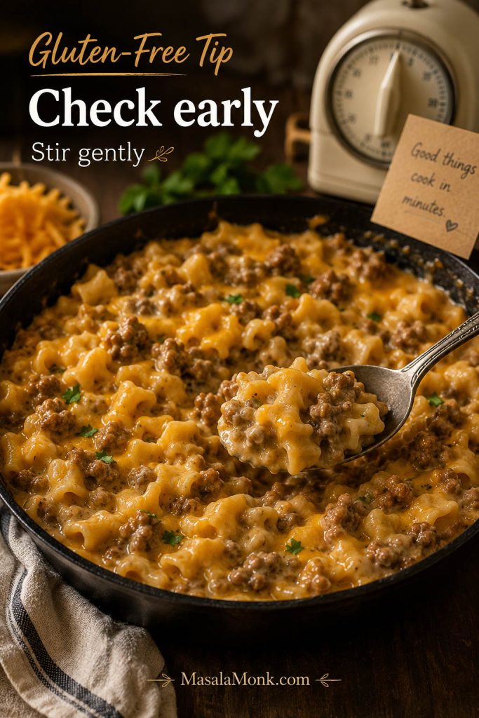 Gluten-free homemade Hamburger Helper with short gluten-free pasta, ground beef, creamy cheddar sauce, and a spoon checking texture.