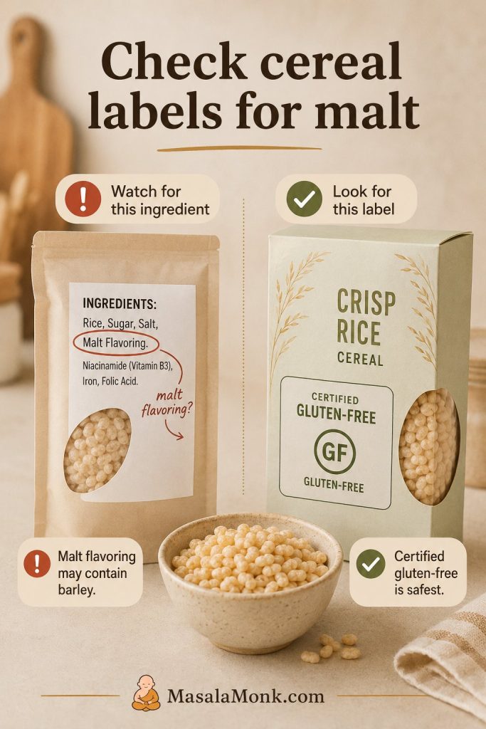 Crisp rice cereal label check showing malt flavoring as a warning and certified gluten-free cereal as the safer choice.