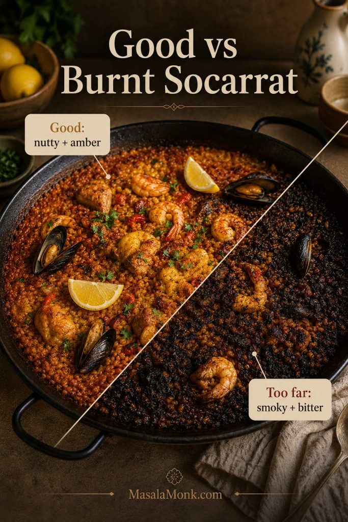 Comparison of good amber socarrat and burnt blackened paella rice to show the difference in toasted bottom texture.