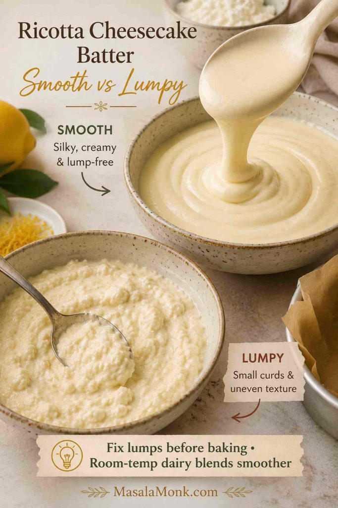 Smooth ricotta cheesecake batter compared with lumpy batter in bowls and on spoons