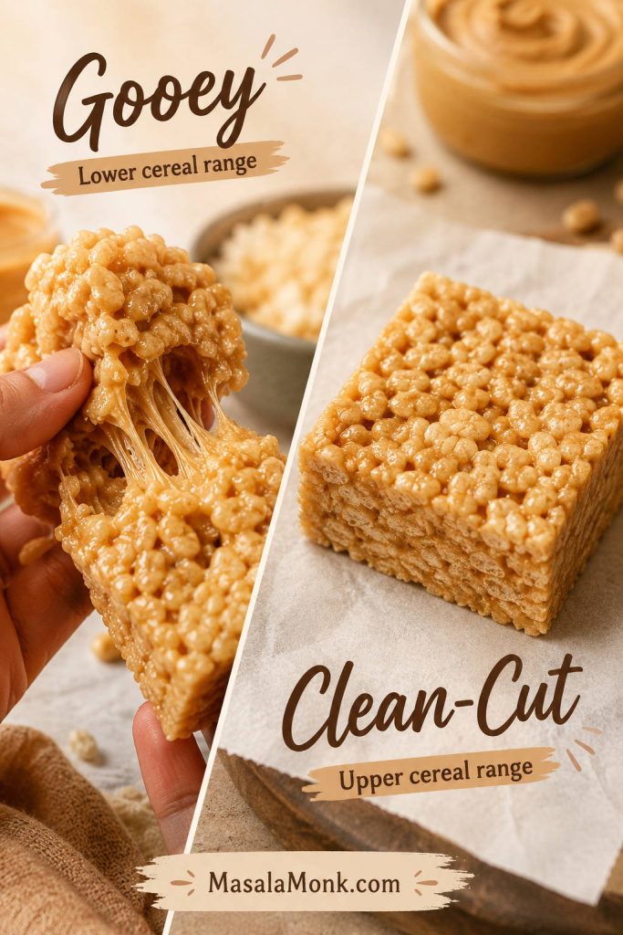 Comparison of a gooey peanut butter rice crispy treat beside a cleaner-cut square on parchment.
