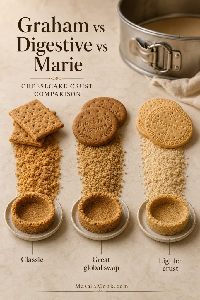 Graham cracker, digestive biscuit, and Marie biscuit crumb options for making a cheesecake crust.