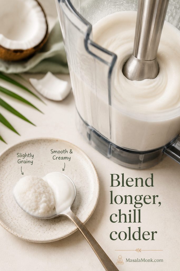 Coconut ice cream base being blended smooth, with spoon samples showing a smoother texture compared with a slightly grainy one.