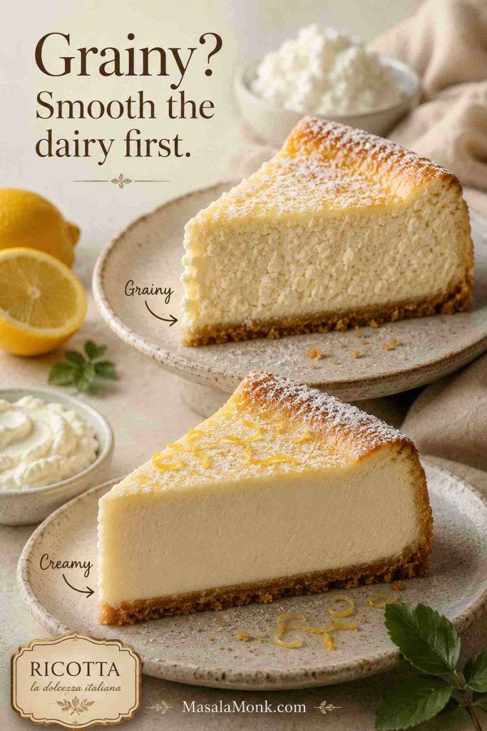 Grainy ricotta cheesecake slice compared with a creamy ricotta cheesecake slice