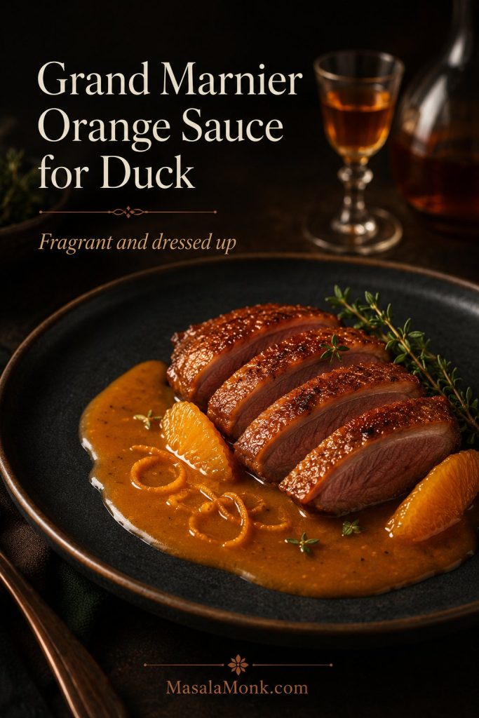 Grand Marnier orange sauce for duck with plated duck, glossy sauce, and a subtle liqueur glass