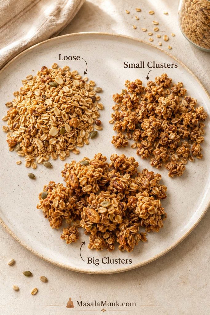 Cluster size guide showing loose granola, small granola clusters, and large bakery-style granola clusters.