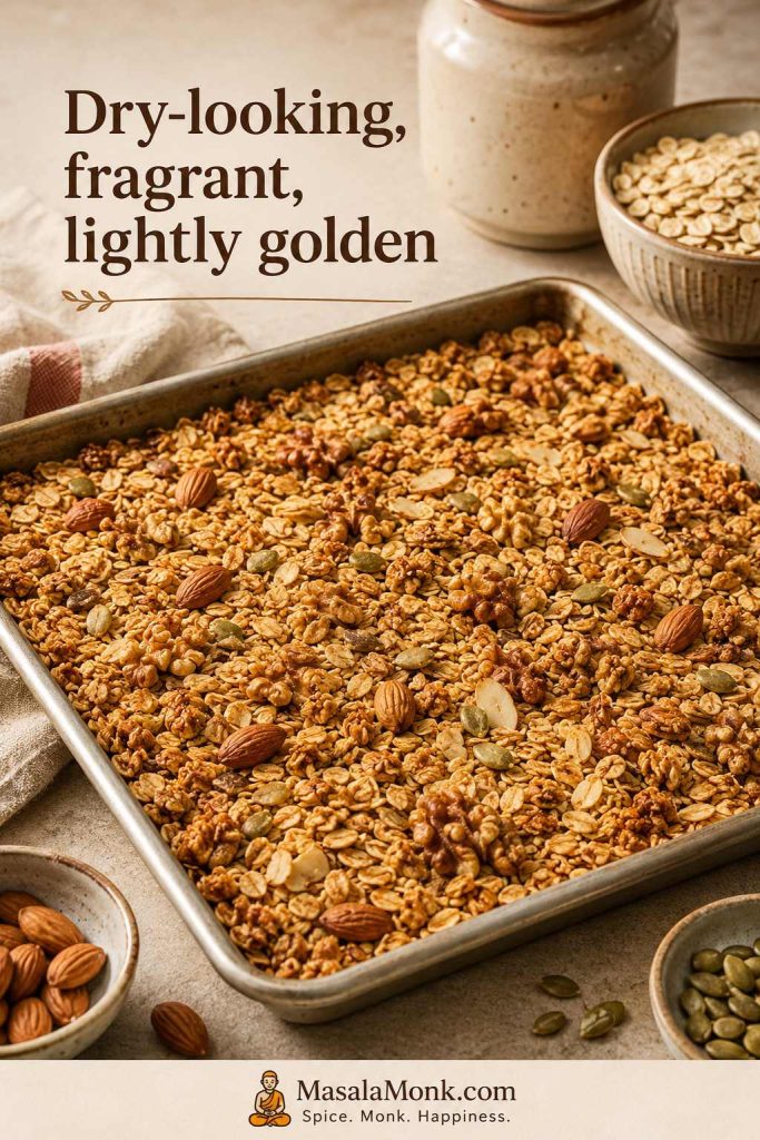 Tray of homemade granola with dry-looking oats, lightly golden edges, nuts, and seeds showing the doneness stage before cooling.