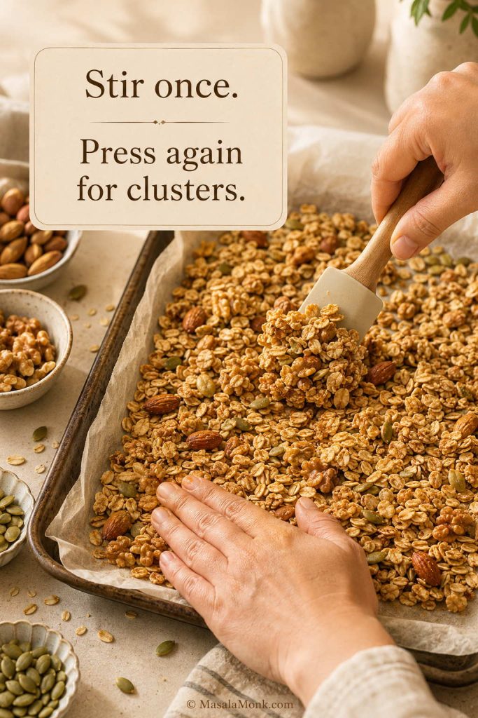 Partially baked granola on a tray being stirred and pressed down with a spatula to help clusters form.