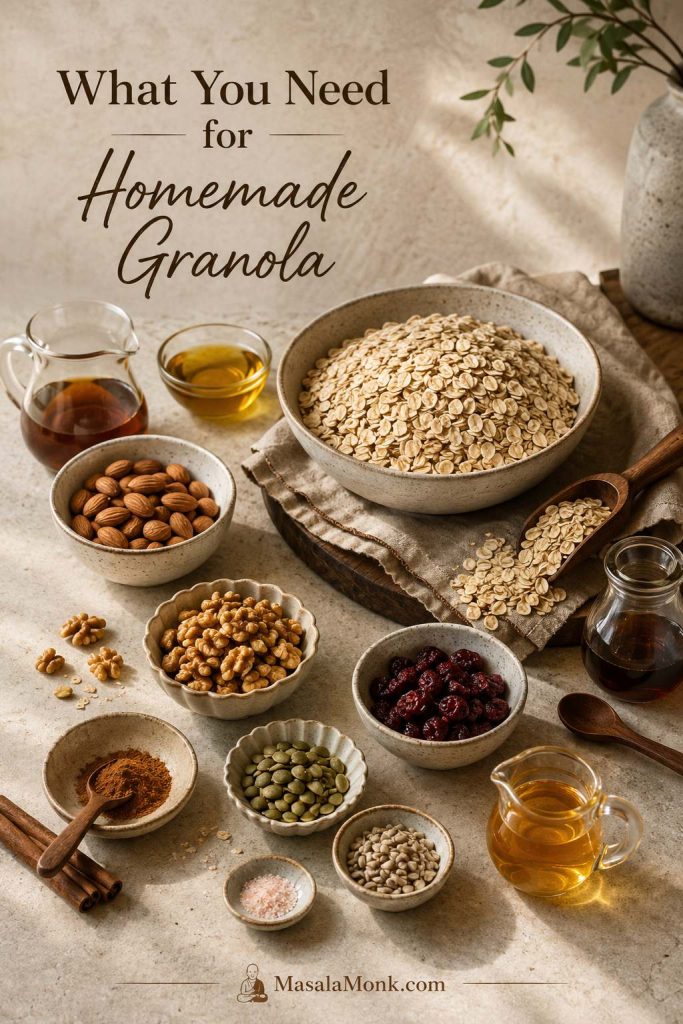Homemade granola ingredients including rolled oats, nuts, seeds, oil, maple syrup or honey, cinnamon, vanilla, salt, and dried fruit.