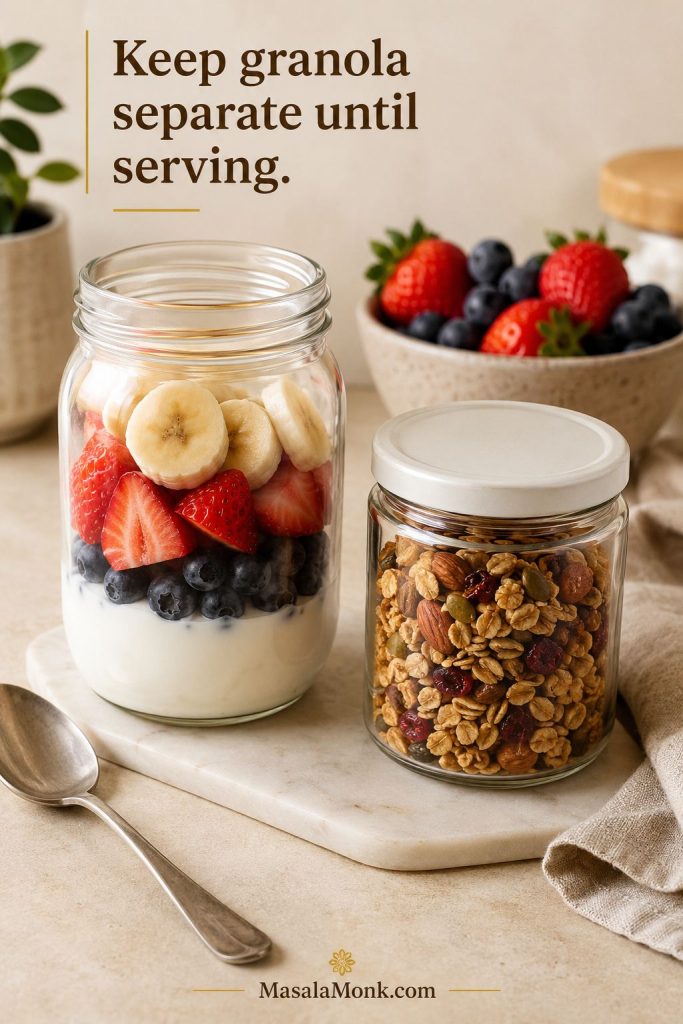 Meal-prep setup with a jar of yogurt and fruit beside a separate jar of homemade granola.