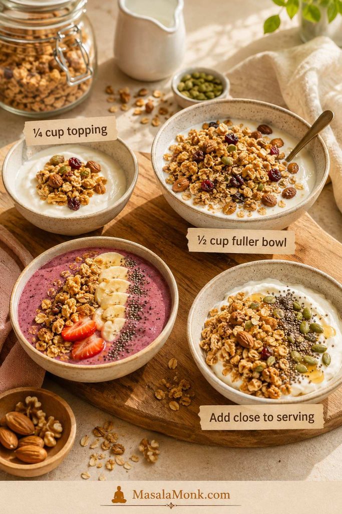 Granola portion guide showing yogurt topping, fuller granola bowl, smoothie bowl topping, and high-protein yogurt bowl ideas.
