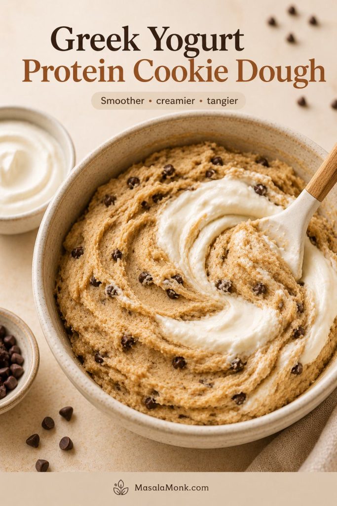 Greek yogurt protein cookie dough with thick Greek yogurt being mixed in for a smoother and creamier texture