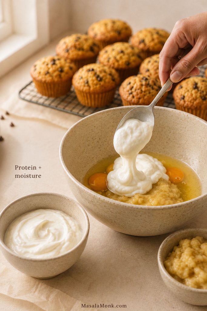 Greek yogurt being added to muffin batter ingredients to keep high protein muffins moist.