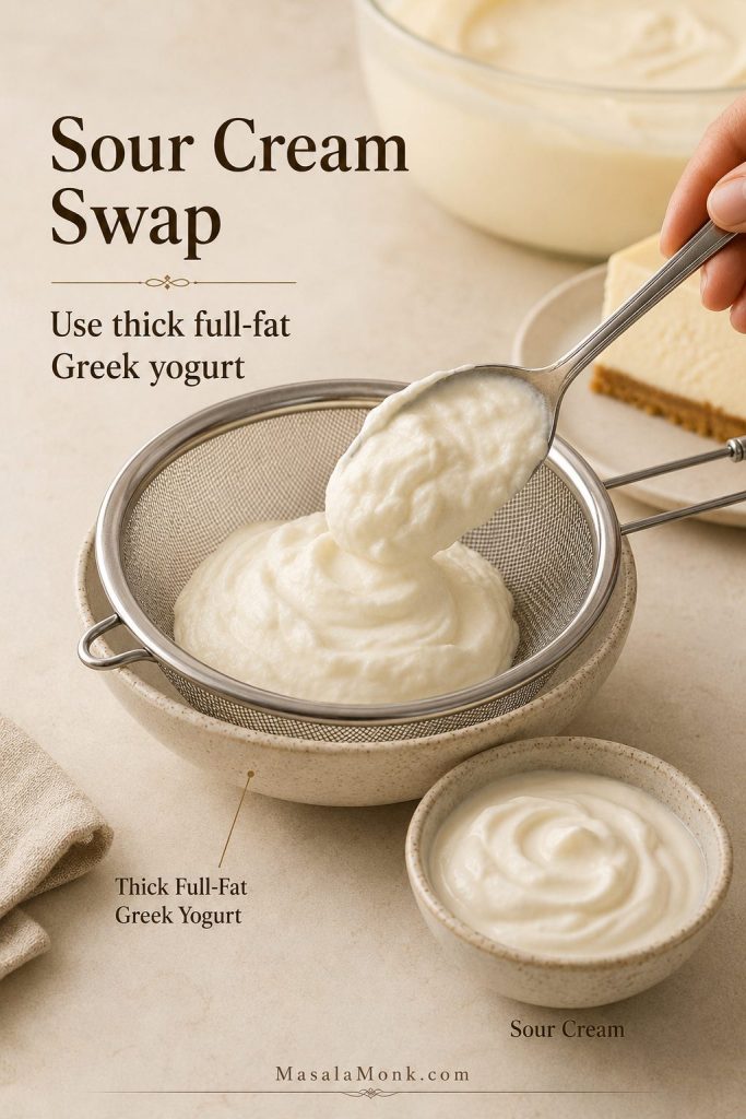 Thick Greek yogurt in a strainer beside sour cream as a substitute for cheesecake filling.