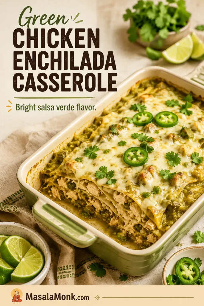 Green chicken enchilada casserole with salsa verde, Monterey Jack cheese, cilantro, lime, jalapeños, and visible chicken layers.