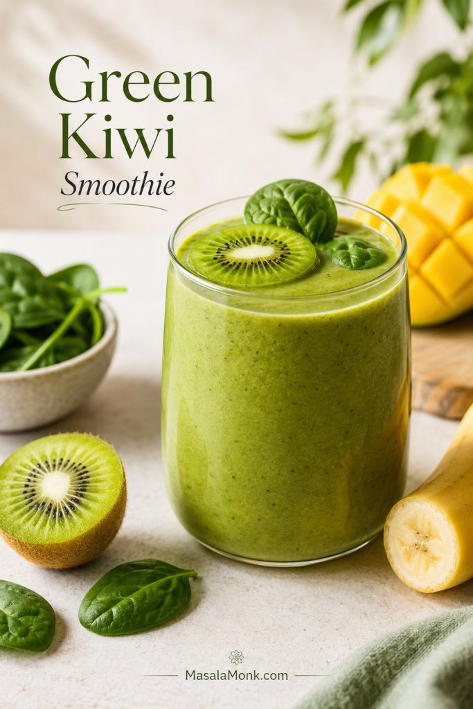 Green kiwi smoothie with spinach, banana, mango, and kiwi garnish