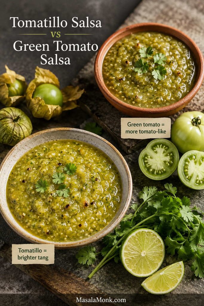 Finished tomatillo salsa and green tomato salsa in separate bowls with tomatillos, husks, sliced green tomatoes, cilantro, and lime