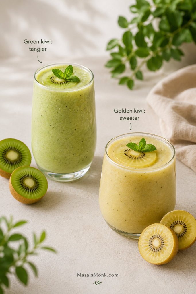 Green kiwi smoothie and golden kiwi smoothie shown side by side with matching fruit