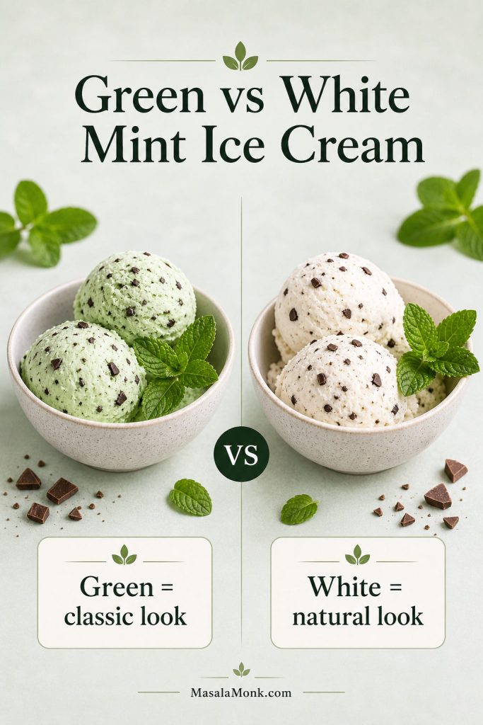 Green and white mint chocolate chip ice cream scoops compared side by side, both with chocolate pieces and mint garnish.