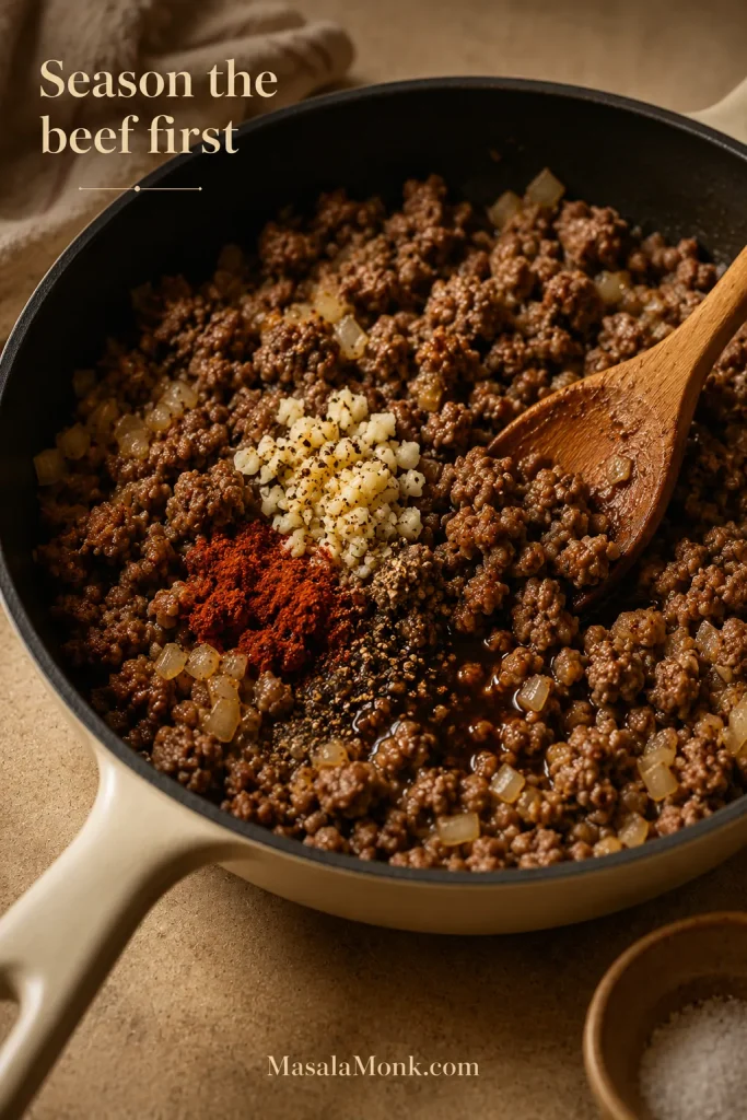 Browned ground beef with onion, garlic, Worcestershire sauce, paprika, and seasoning being stirred in a skillet