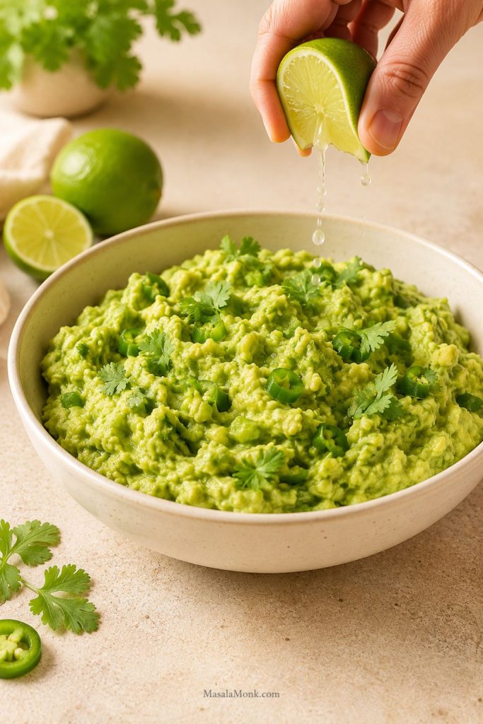 Bowl of fresh mashed avocado with lime, cilantro, jalapeño, and a hand mixing the guacamole layer for 7 layer dip.