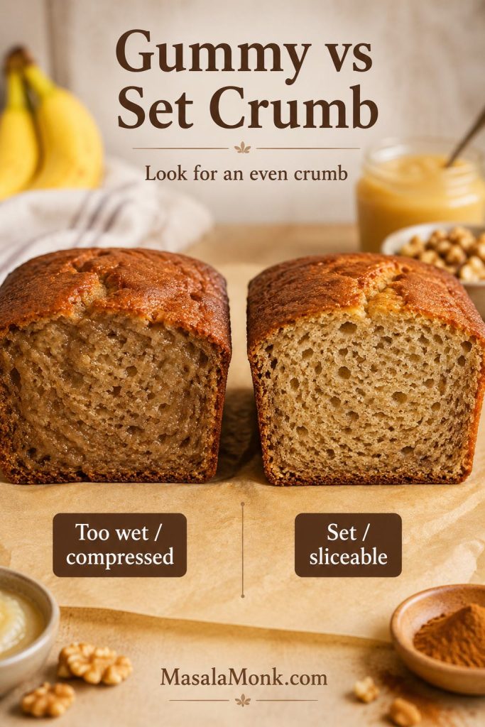 Side-by-side comparison of gummy compressed banana bread crumb and properly set sliceable crumb.