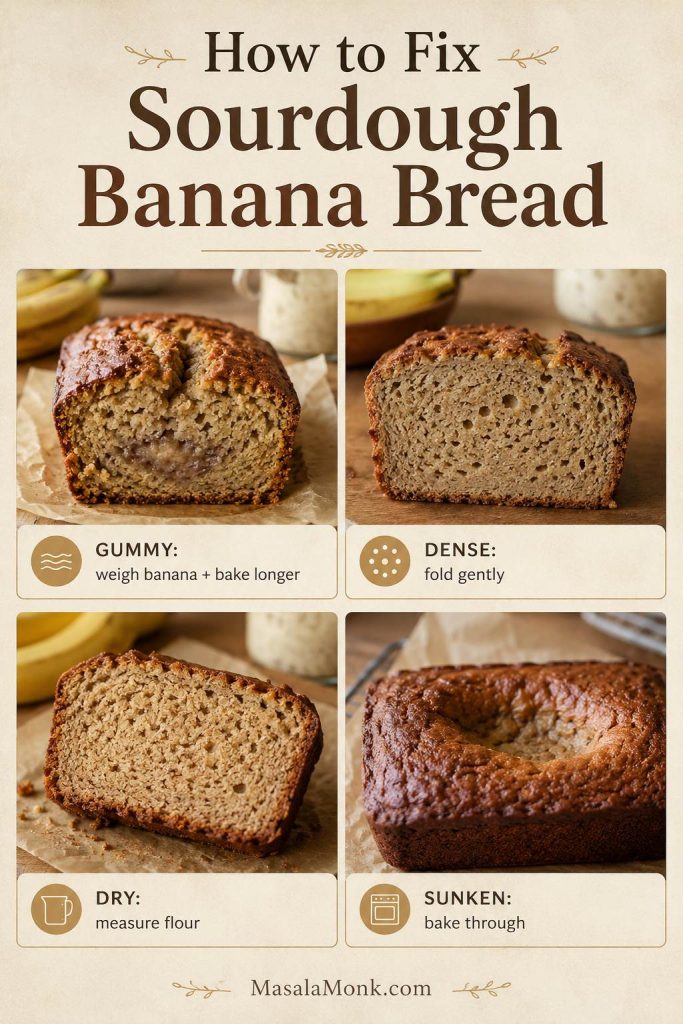 Troubleshooting board for sourdough banana bread with gummy, dense, dry, and sunken examples plus short fixes.