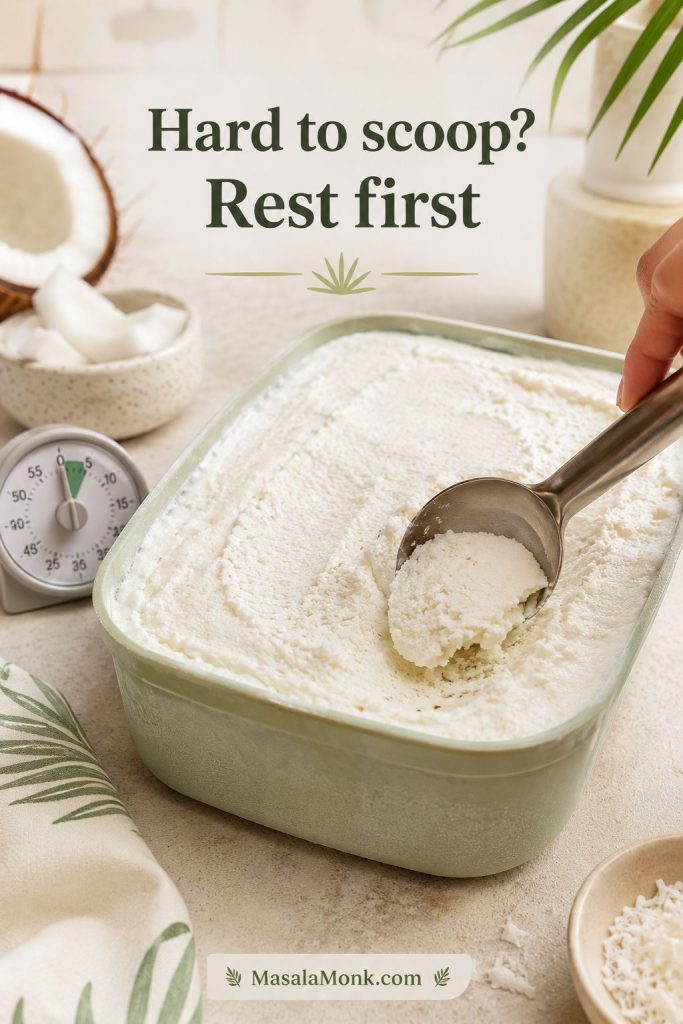 Firm coconut ice cream resting on the counter with a timer and scoop to show how to soften it before serving.