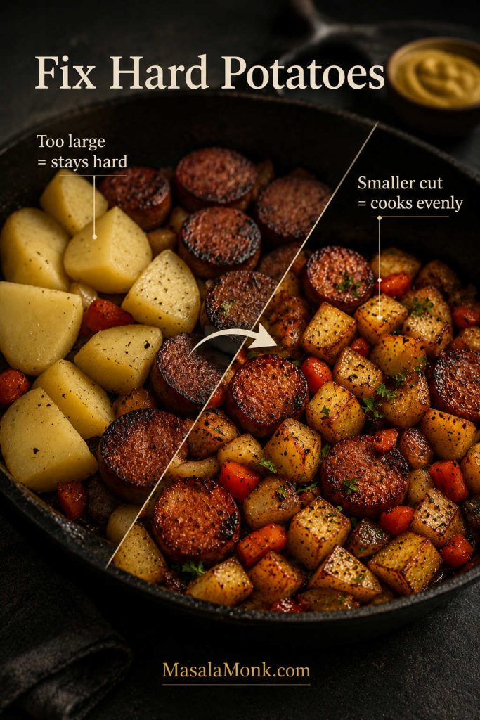 Before-and-after image comparing large pale potato chunks with smaller browned potatoes in a kielbasa skillet.