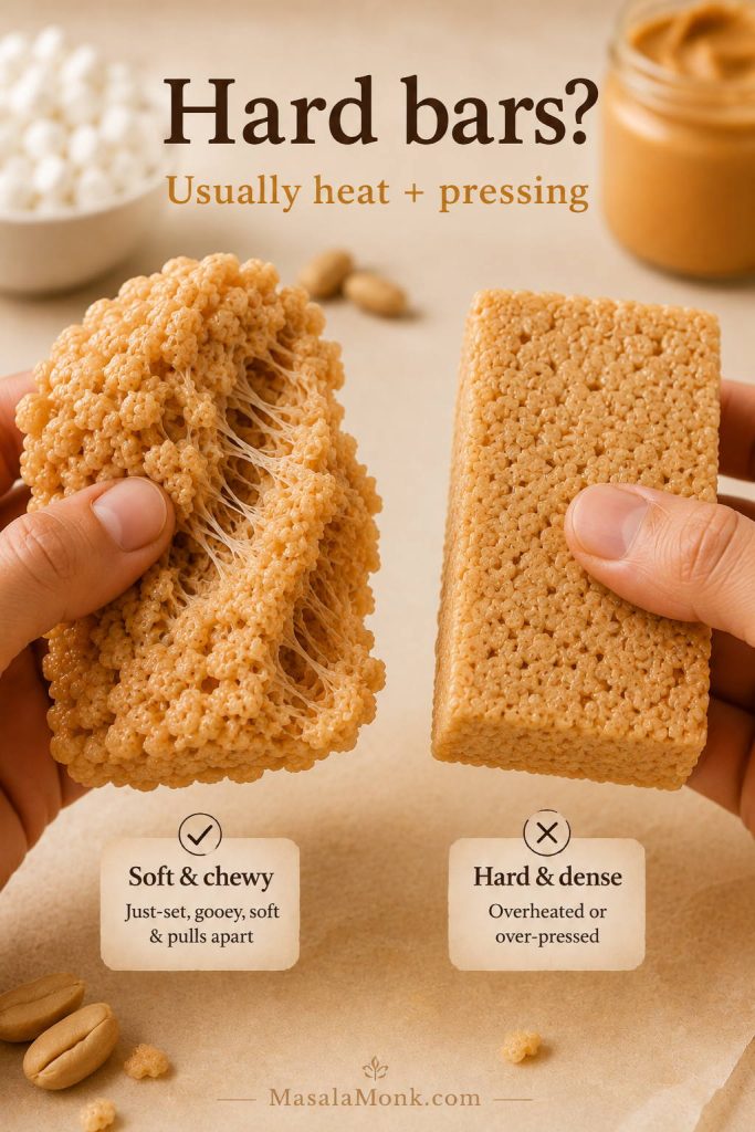 Soft peanut butter rice crispy treat pulling apart beside a compact hard bar with no stretch.