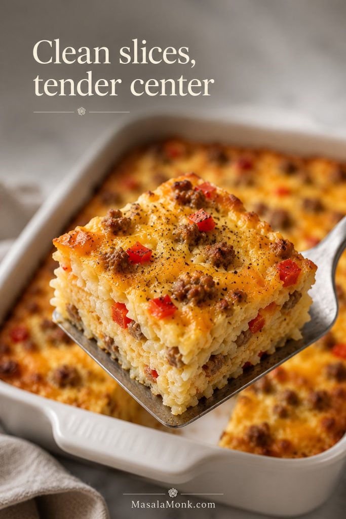 Lifted slice of hash brown breakfast casserole showing eggs, sausage, cheese, peppers, and shredded potato layers.