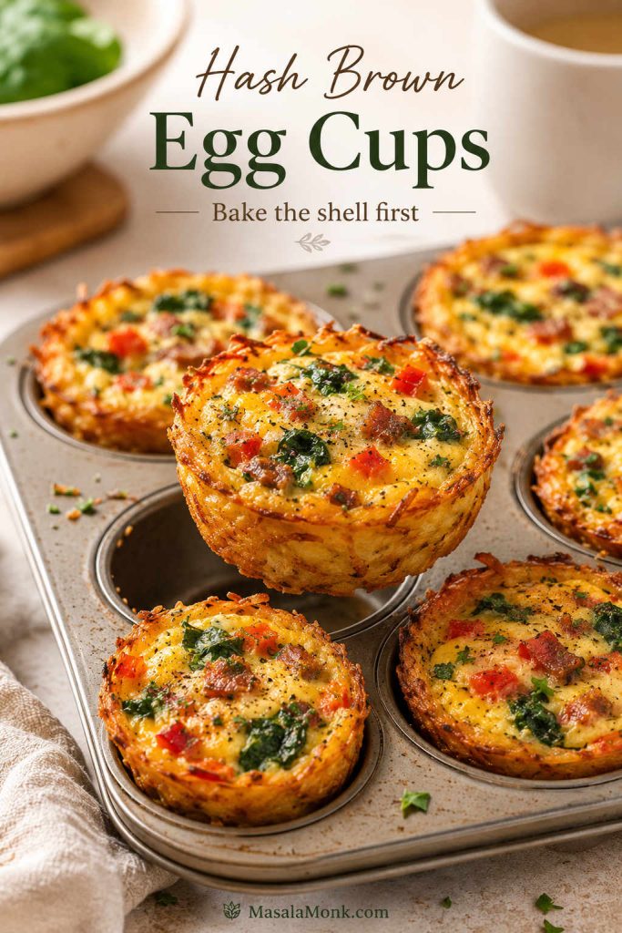 Hash brown egg cups in a muffin tin with crispy potato shells and set egg filling with spinach, pepper, cheese, and bacon.