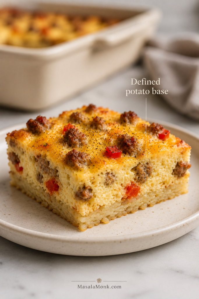 Slice of breakfast casserole with a defined hash brown patty base, eggs, sausage, cheese, and peppers.