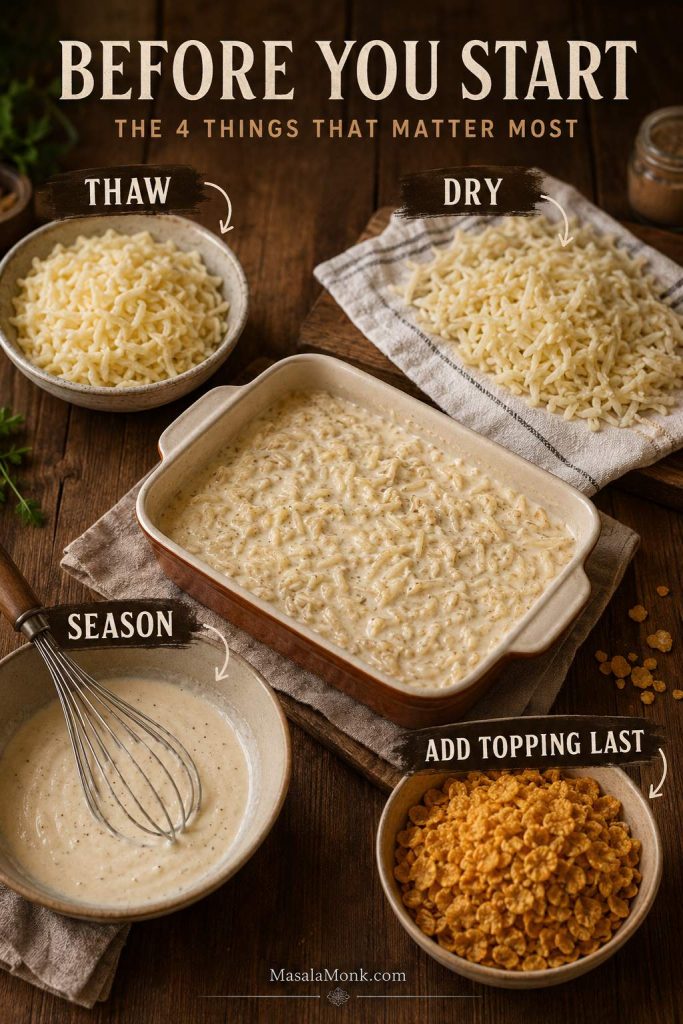Hashbrown casserole prep guide showing thawed potatoes, drying, seasoned sauce, and topping kept separate.