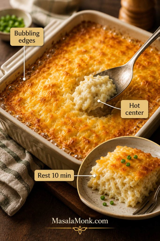 Hashbrown casserole doneness cues showing bubbling edges, hot center, and a rested scoop.