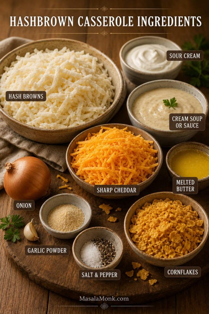 Ingredients for hashbrown casserole including hash browns, sour cream, cream soup or sauce, cheddar, butter, onion, and seasonings.