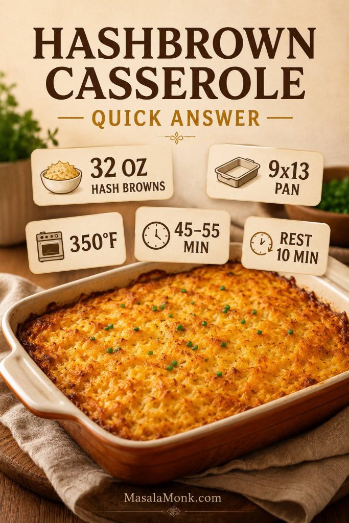 Quick answer board for hashbrown casserole showing 32 oz hash browns, 9x13 pan, 350°F bake time, and 10 minute rest.