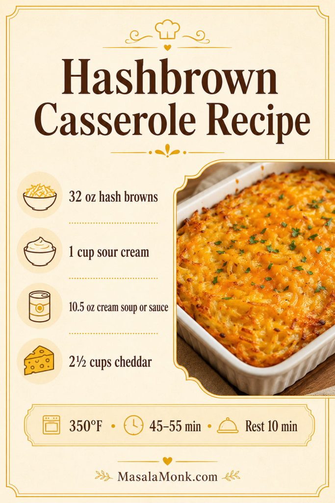 Saveable hashbrown casserole recipe card with ingredients, oven temperature, bake time, and rest time.