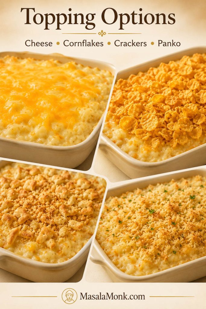 Topping options for hashbrown casserole showing cheese, cornflakes, crackers, and panko.