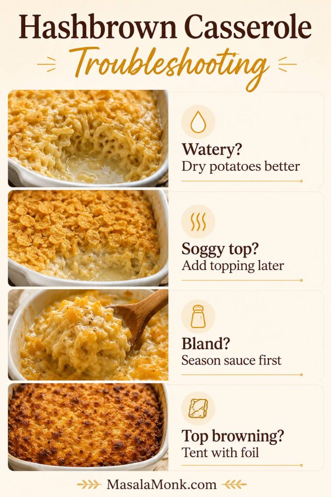 Troubleshooting guide for hashbrown casserole with fixes for watery filling, soggy topping, bland flavor, and top browning.