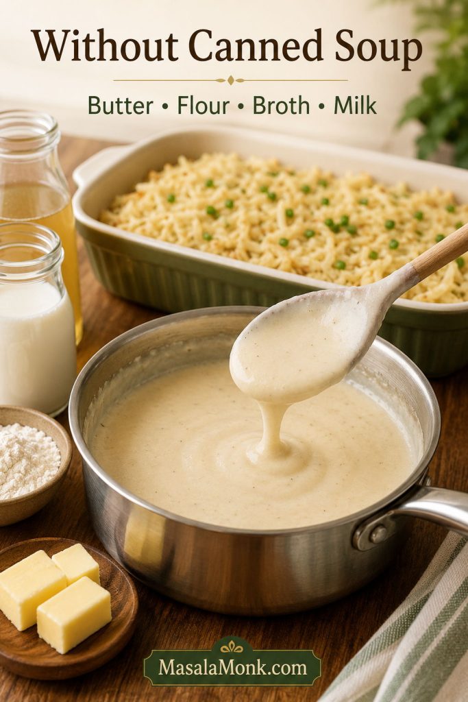Homemade white sauce for hashbrown casserole without canned soup, with butter, flour, broth, and milk.