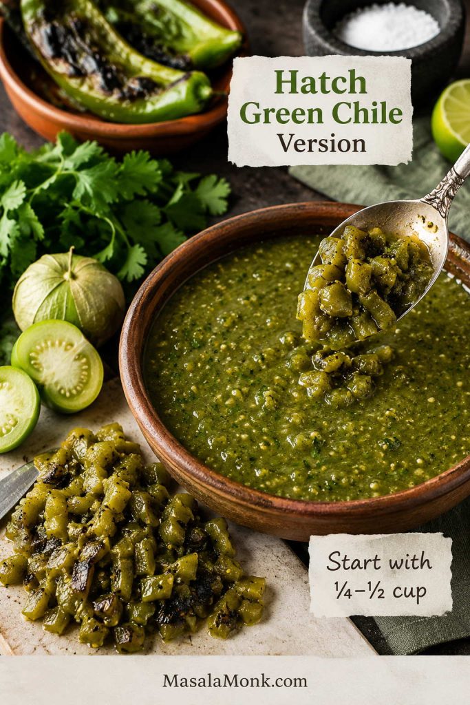 Roasted Hatch green chiles being added to a bowl of salsa verde with tomatillos, cilantro, lime, and salt nearby