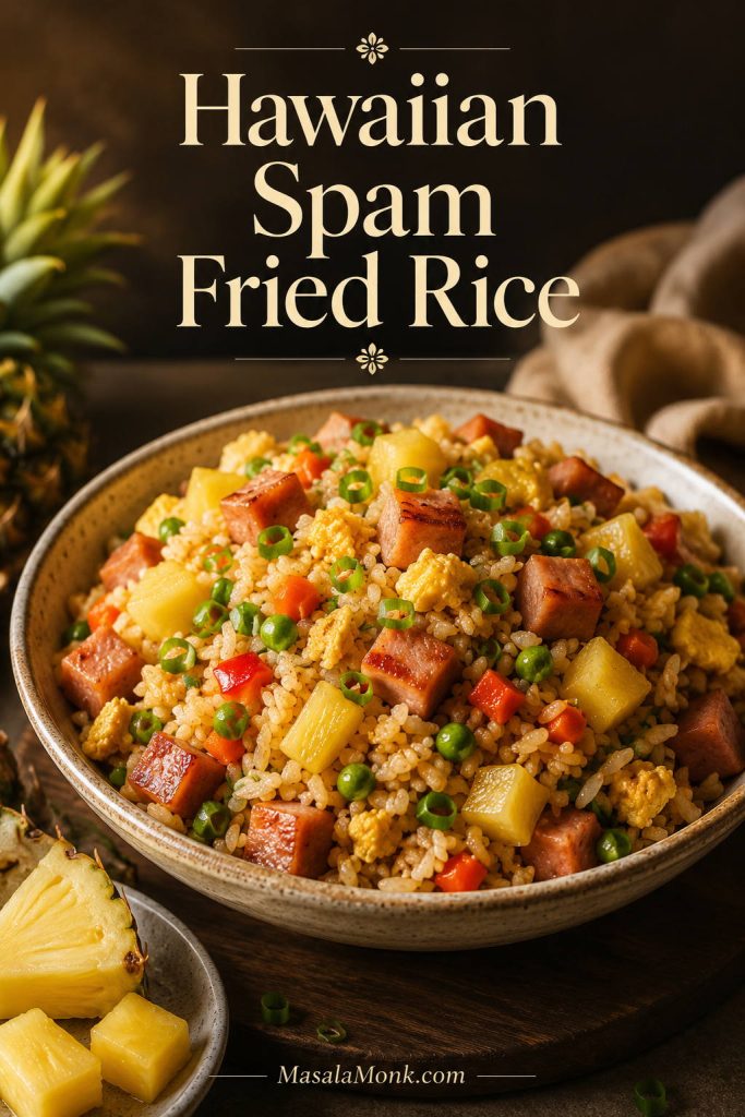 Hawaiian-style fried rice with pineapple, browned Spam cubes, egg, scallions, and vegetables in a bowl.
